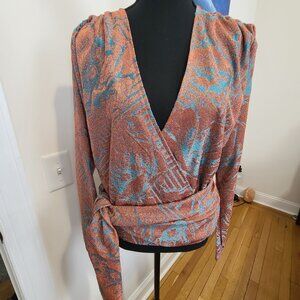 Peachy Brocade Jacquard Metallic Faux Wrap Blouse